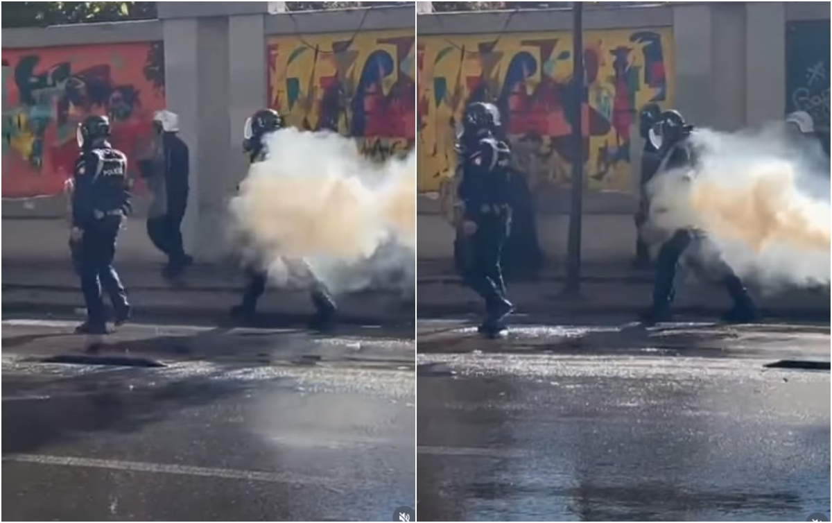Incident gjatë protestës në Tiranë  policit i shpërthen gazi lotsjellës në çantë